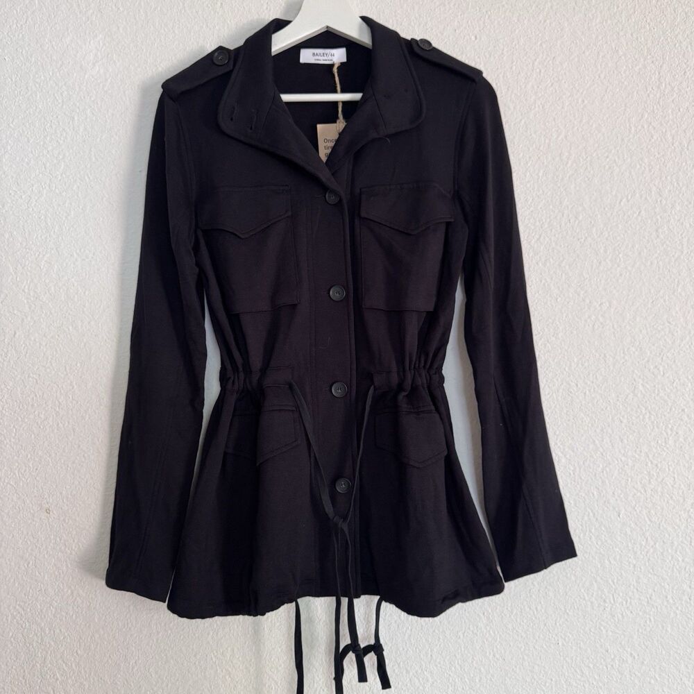 Bailey 44 Women Black Cinch Fitted Fleece Jacket Stretch Sz XS Minimalist Office